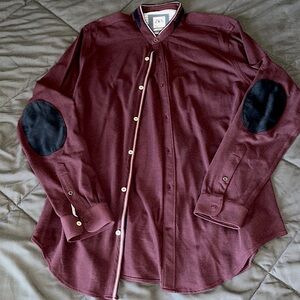 Maroon Long Sleeve Button Down with dark blue elbow patches